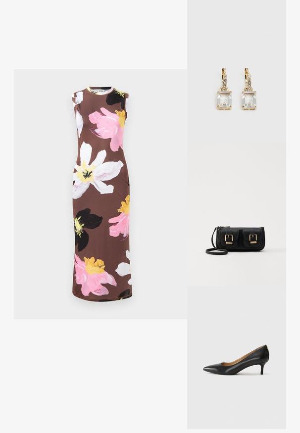 Hihaton ruskea mekko, jossa on suuri kukkakuosi vaaleanpunaisena, valkoisena, mustana ja keltaisena. Mekossa on pyöreä pääntie ja slim fit -malli.; Mustat nahka-korkokengät, joissa on terävä kärki, matala korko ja sileä pinta. Edessä on pieni aukko ja takana minimaalinen varustus.; Musta nahkainen olkalaukku, jossa on kaksi etutaskua, kultaiset soljet, vetoketjukiinnitys ja kapea hihna. Teksturoidun pinnan ja kompaktin suorakaiteen muoto.; Kulta-sävyiset korvakorut, joissa on suorakulmainen, kirkas kivi roikkumassa pienen, pyöreän kirkkaan korosteen rivin alapuolella. Tyylikäs, moderni muotoilu.