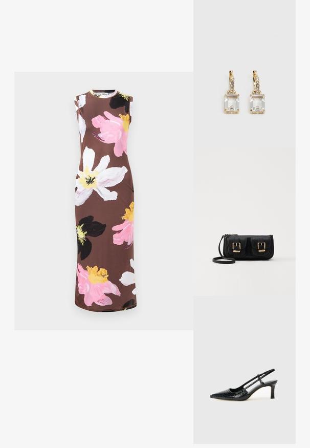 Ärmelloses braunes Kleid mit großem Blumenmuster in Pink, Weiß, Schwarz und Gelb. Mit Rundhalsausschnitt und schlanker Passform.; Schwarze Lack-Slingback-Pumps mit spitzem Zehenbereich, versehen mit strukturiertem Schlangenprint, verstellbarem Riemen und einem kurzen, strukturierten Blockabsatz.; Schwarze Leder-Umhängetasche mit zwei vorderen Taschen, goldenen Schnallen, Reißverschluss und einem schmalen Tragegurt. Texturierte Oberfläche und kompakte rechteckige Form.; Ohrringe in Goldfarbe mit einem rechteckigen, durchsichtigen Kristall, der unter einer Reihe kleiner, runder klarer Akzente hängt. Elegantes, modernes Design.