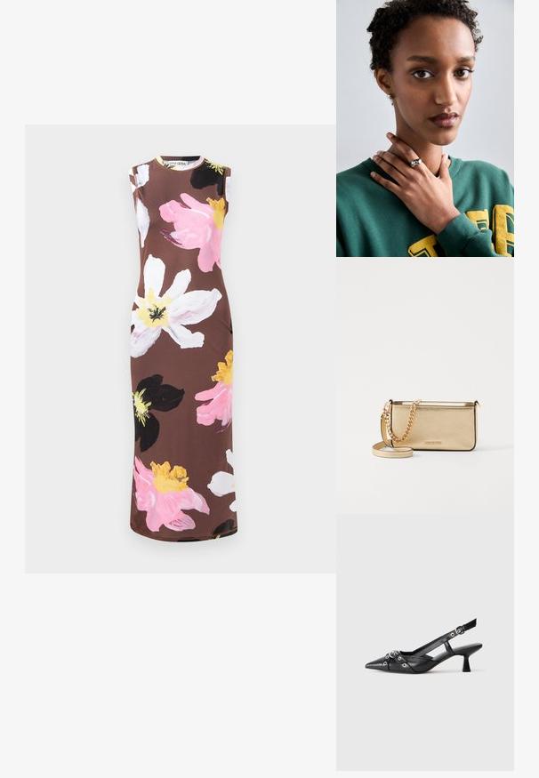 Ärmlös brun klänning med stort blommönster i rosa, vitt, svart och gult. Har rund halsringning och smal passform.; Svart lädersko med slingback-design, spetsig tå, dekorativa remmar med metallöglor och en låg klack. Texturerad yta.; Metallich guld läderklutch med en texturerad yta, utrustad med en guld kedjestropp och en avtagbar axelrem. Varumärkeslogotyp präglad.; Silver ring med en slät, böjd design och en stjärndetalj. Modell som bär en grön sweatshirt med gul text, händerna nära halsen.
