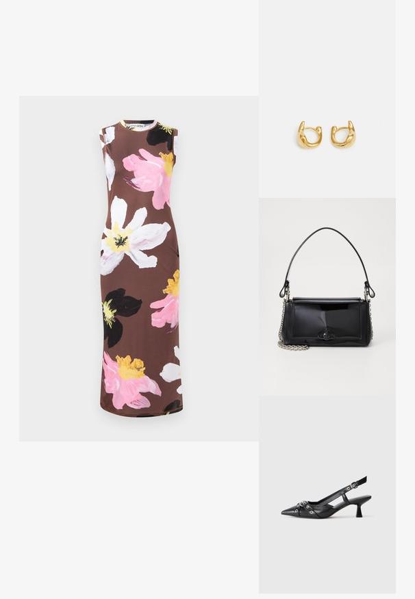 Rochie maro fără mâneci cu imprimeu floral mare în nuanțe de roz, alb, negru și galben. Dispune de un decolteu rotund și o croială ajustată.; Pantofii slingback din piele neagră, cu vârful ascuțit, curele decorative cu ochiuri din metal și toc bloc mic. Suprafață texturată.; Geantă din piele patent neagră, cu o formă rectangulară, mânere din lanț și un accent distinctiv din metal în centru. Textură netedă.; Cercei din aur cu un design neted și rotunjit, având un finisaj lustruit. Cerceii au o formă compactă și chunky și un închizător fără sudură.