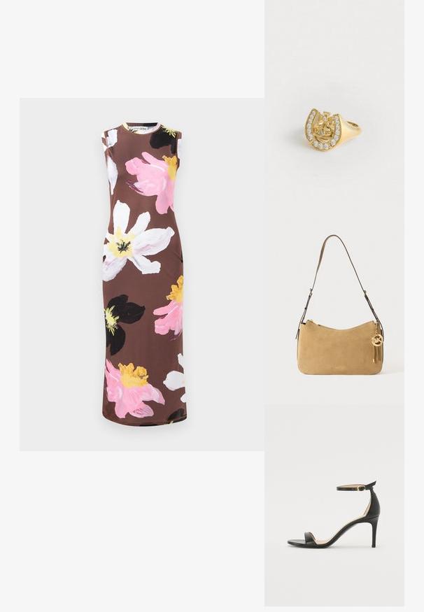 Haljina bez rukava smeđe boje s velikim cvjetnim uzorkom u ružičastoj, bijeloj, crnoj i žutoj boji. Ima okrugli izrez i uski kroj.; Crne kožne sandale na visokom potpeticu s remenom oko gležnja. Imaju glatku teksturu, otvoreni prst i tanku potpeticu. Detalj s kopčom u zlatnoj boji.; Tamnasta kožna torba s ravnim oblikom, zlatnim detaljima i zatvaranjem na patentni zatvarač. Ima privjesak s inicijalima "MK."; Zlatni prsten s dizajnom krune unutar potkove, ukrašen malim prozirnim draguljima, na bijeloj pozadini.