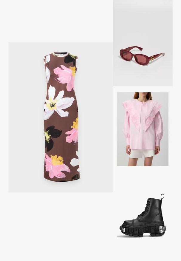 Mouwloze bruine jurk met grote bloemenprint in roze, wit, zwart en geel. Met een ronde halslijn en een slim fit.; Roze blouse met een grote, geborduurde kraag met bloemmotieven, lange mouwen en geplooide manchetten, gecombineerd met witte shorts.; Zwarte leren combatboot met hoge schacht, ronde neus, dikke gestructureerde zool, zilveren hardware-accenten en een kenmerkend profielpatroon.; Rode plastic zonnebril met rechthoekige monturen, getinte lenzen en een gouden logo-accent op de pootjes. Gladde, glanzende afwerking.