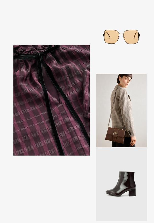 Gennemsigtig burgunderbluse med horisontale og vertikale stribemønstre, velourdetaljer, en ruffled halsudskæring og en V-formet udskæring foran.; Sorte patenterede læder ankelstøvler med spids tå og en chunky hæl. Glat tekstur med en subtil glans og rene linjer, minimalistisk design.; Firkantede solbriller med brune linser og en tynd sort metalramme. Har skrå templer og justerbare næsepuder for komfort.; Brun læder crossbody taske med en guld hardware spænde, rektangulær form, glat tekstur og en aftagelig rem.