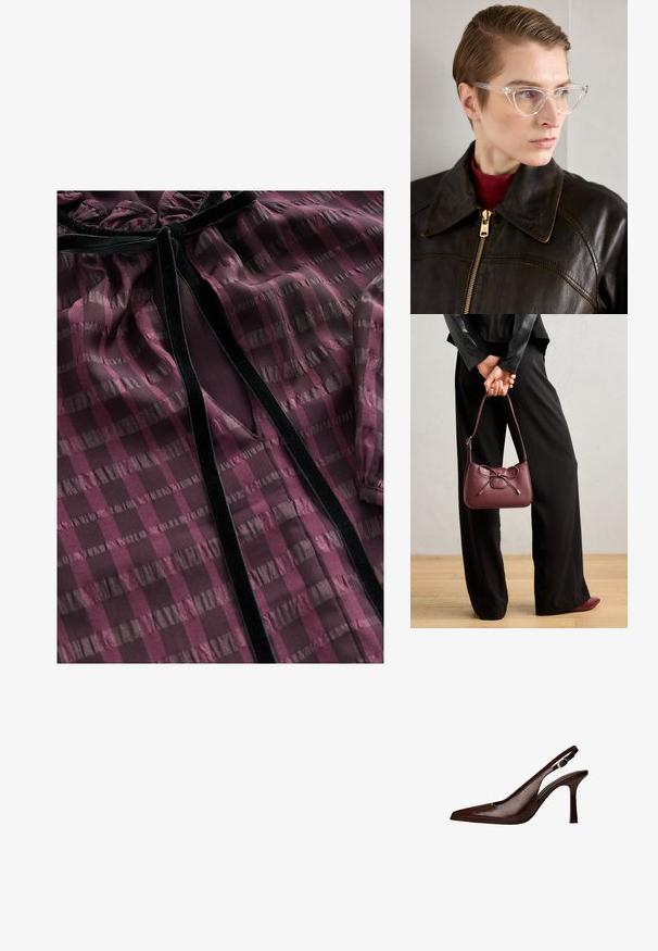 Przezroczysta burgundowa bluzka z poziomymi i pionowymi paskami, aksamitnymi akcentami, falbaniastym dekoltem i wycięciem w kształcie litery V z przodu.; Brązowe skórzane sandały typu slingback z ostrym noskiem i cienkim obcasem. Posiadają małą klamrę akcentującą na pasku oraz błyszczące wykończenie.; Przezroczyste okulary w kocim kształcie z żółtymi szkłami, noszone przez osobę w ciemnej skórzanej kurtce i czerwonym golfie. Gładka tekstura.; Burgundowa skórzana torebka z kokardką, z wąskim paskiem i złotymi akcentami, trzymana przez osobę w czarnych spodniach.