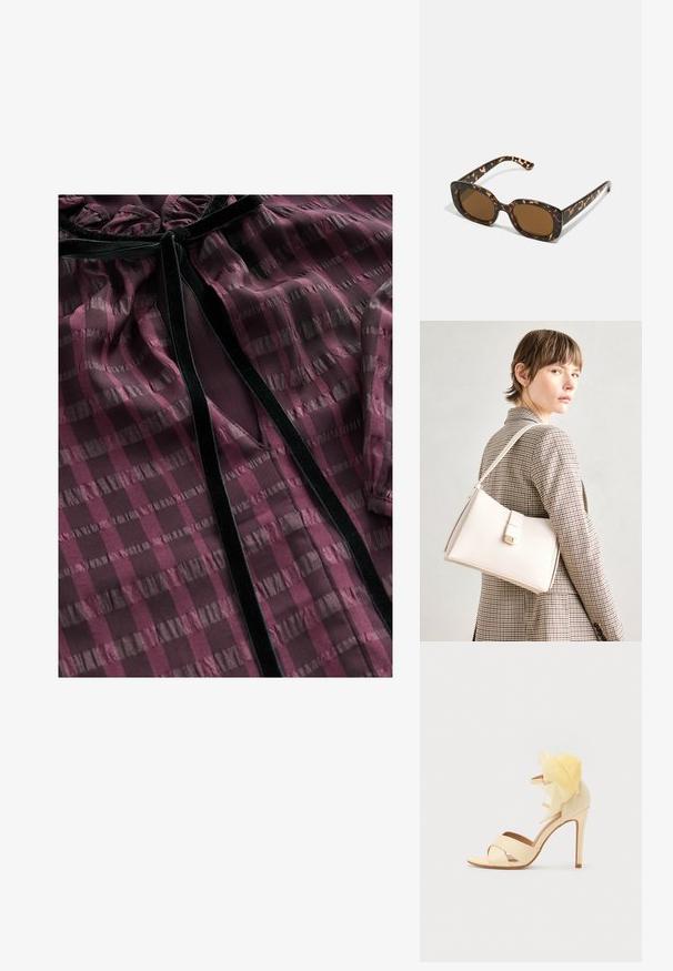 Blusa burdeos transparente con patrones de rayas horizontales y verticales, acentos de terciopelo, cuello con volantes y un corte en forma de V en la parte frontal.; Sandalia de tacón alto beige con correas cruzadas, un acento de flor amarilla translúcida en el tobillo y un elegante tacón de aguja.; Gafas de sol de carey con un marco redondeado y robusto y lentes marrones. Presentan patrones sutiles y brazos rectos y cónicos.; Bolso de mano de cuero blanco con un diseño estructurado, que presenta un cierre magnético y una correa para el hombro, exhibido sobre un fondo neutro.