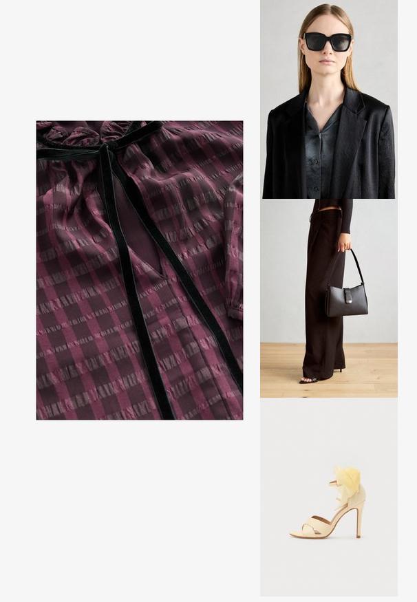 Doorzichtige bordeauxrode blouse met horizontale en verticale gestreepte patronen, fluwelen accenten, een gerimpelde halslijn en een V-vormige uitsnijding aan de voorkant.; Beige hoge hak sandalen met kruisbanden, een doorschijnende gele bloemenaccent bij de enkel, en een slanke stilettohak.; Zwarte oversized zonnebril met een stevige rand en donker getinte lenzen, gecombineerd met een satijnen grijze button-up shirt en een zwarte blazer.; Zwarte handtas met gestructureerde vorm, gladde textuur en een metalen sluiting. Gecombineerd met brede zwarte broeken en sandalen met open teen op een houten vloer.
