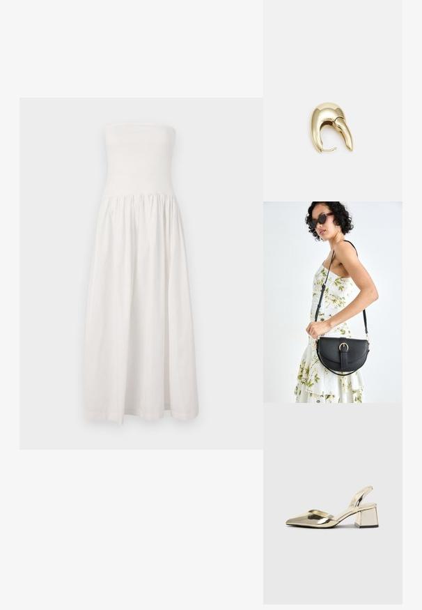 White strapless maxi dress with a fitted bodice, gathered waist, and flowing skirt. Made of a smooth, lightweight fabric.; Gold, metallic slingback heels with a pointed toe and chunky heel. Smooth texture, minimalistic design, and a narrow strap.; Black leather handbag with a curved shape, detachable strap, and gold hardware. The bag features a flap with a buckle detail.; Gold-tone metal earring with a sleek, curved design. Features a distinctive pointed shape, polished surface, and hinge closure.