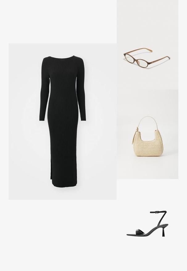Langes schwarzes, geripptes Kleid mit figurbetontem Design, rundem Ausschnitt und langen Ärmeln. Verfügt über einen seitlichen Schlitz am Saum für mehr Bewegungsfreiheit.; Bershka High Heel Sandalette - black; Braune Schildpatt-Brille mit ovalen Gläsern, dünnen Bügeln und transparenten Akzenten. Verfügt über ein dezentes Logo am Bügel. Elegantes, leichtes Design.; Beige geflochtene Strohtasche mit geschwungener Form, einem kurzen Griff und einem seitlichen Reißverschluss. Verfügt über eine strukturierte Oberfläche und ein minimalistisches Design.