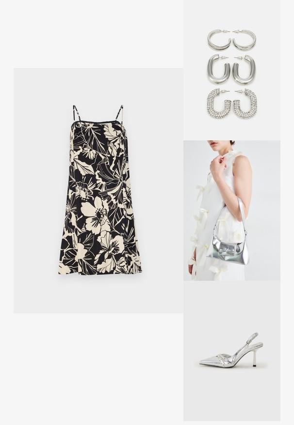 GAP MINI - Päevakleit - june black; Hõbedased slingback kõrged kontsad terava ninaga, metalne viimistlus, kaks dekoratiivset rihma ja sihvakad kontsad musta otsaga.; Hõbedane metallik käekott struktureeritud kujuga, millel on ülemine sang ja ettepoole suunatud paeladetail. Sile tekstuur, peegeldav viimistlus.; Neli hõbedaste kõrvakaunistuste paari: kaks läikivat siledat rõngakujulist disaini, üks tekstuuriga ja üks kaetud väikeste selgete rhinestone'idega.