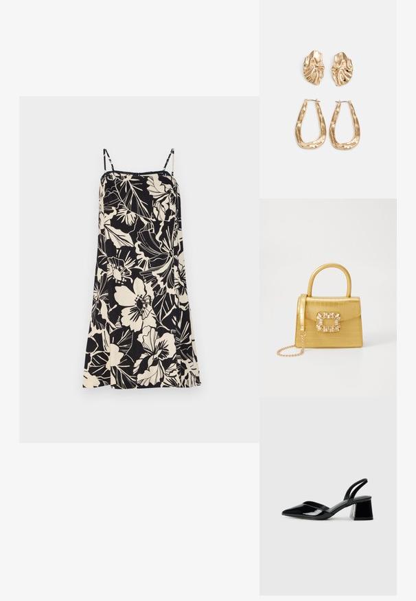 GAP MINI - Freizeitkleid - june black; Schwarze Lackleder-Slingback-High Heels mit spitzem Schuh und einem geometrischen Blockabsatz. Verfügt über ein schlankes, minimalistisches Design und eine glatte Textur.; Gelbe Kunstleder-Handtasche im Krokodil-Look mit strukturiertem Design, Obergriff, abnehmbarem Kettenriemen und dekorativer Kristallverzierung am Verschluss.; Ohrringe in Goldoptik mit strukturierten, gewellten Formen. Beinhaltet skulpturale Clip-Ohrringe und ein offenes Hoop-Design mit gehämmertem Finish.