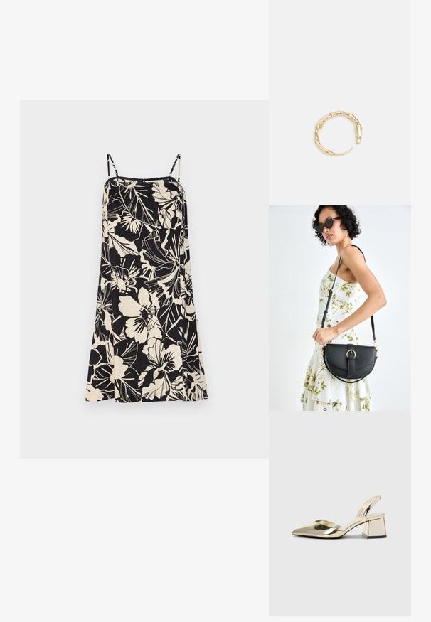 GAP MINI - Päevakleit - june black; Kuldne, metallilised slingback-kudumid terava varba ja paksu kontsaga. Sile tekstuur, minimalistlik disain ja kitsas rihm.; Mustmust mustraha kõverate joontega, eemaldatava rihmaga ja kuldsete detailidega. Kotil on klapp, millel on pandladetail.; Kuldtoonis sõrmus, millel on orgaaniline, keerdunud disain sileda tekstuuri ja kitsenevate otstega, luues kaasaegse skulptuurilise välimuse.