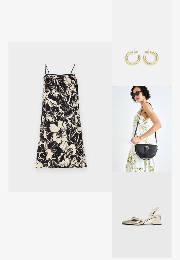 GAP MINI - Kasdienė suknelė - june black; Auksiniai, metaliniai slingback aukštakulniai bateliai su smailiu pirštu ir masyviu kulnu. Lygus paviršius, minimalizmo dizainas ir siaura juostelė.; Juodas odinis krepšys su išlenkta forma, nuimamu dirželiu ir auksiniais detalėmis. Krepšys turi kilpą su sagtimi.; Aukso auskarai su lygiu, blizgiu paviršiumi. Apvalus dizainas su maža užrakto dalimi ir skaidria atrama saugiam nešiojimui.