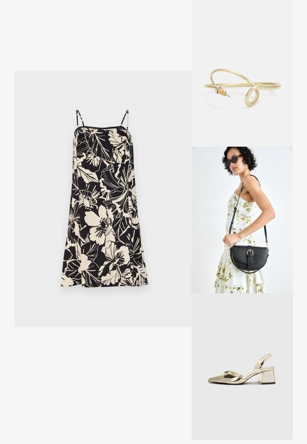 GAP MINI - Day dress - june black; Gold, metallic slingback heels with a pointed toe and chunky heel. Smooth texture, minimalistic design, and a narrow strap.; Black leather handbag with a curved shape, detachable strap, and gold hardware. The bag features a flap with a buckle detail.; Gold-colored metal bracelet with fluid, curvy design. Features a small, prominent, silver-colored accent at one end.