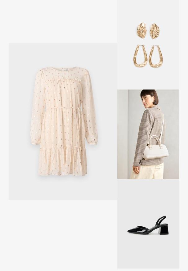 Vestido bege claro com mangas longas e bufantes, apresentando padrões de bolinhas douradas, um corpete franzido e uma bainha em camadas com babados.; Sandy em verniz preto com salto slingback, ponta afilada e salto geométrico. Apresenta um design elegante e minimalista com textura suave.; Bolsa estruturada branca com alças curtas e uma alça de ombro, com detalhes em hardware dourado e material texturizado, exibida contra um fundo cinza.; Brincos em tom de ouro com formas onduladas e texturizadas. Inclui studs escultóricos com presilha e um design de argola aberta com um acabamento martelado.