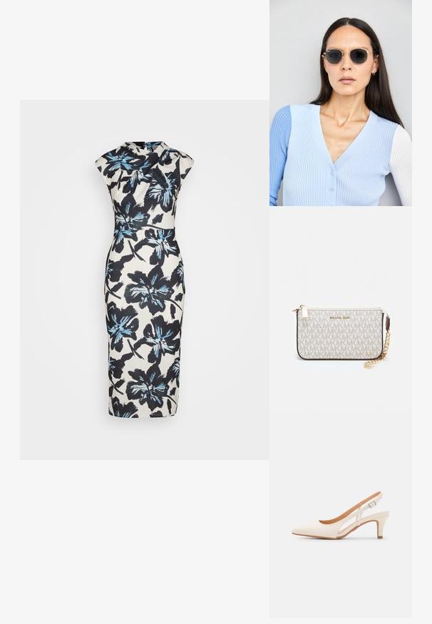Krémové midi šaty s černým a modrým květinovým vzorem. Mají přiléhavý střih a krátké rukávy. Hladká textilie, délka ke kolenům.; Bílé lodičky na podpatku s špicatou špičkou, hladkým svrškem, nízkým blokovým podpatkem a designem s bočním výřezem se stahovací sponou.; Kulaté sluneční brýle s tmavými čočkami a zlatými rámy. Modelka má na sobě světle modrý žebrovaný kardigan s knoflíky a kontrastními bílými rukávy.; Kabelka na zápěstí Michael Kors v béžové potažené plátno s opakujícím se vzorem loga MK, zlatými kovovými doplňky a odnímatelným řetízkovým popruhem.