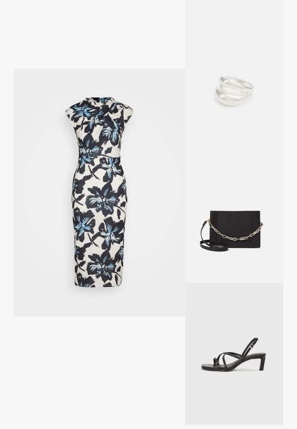 Cvjetna midi haljina u krem boji s crnim i plavim cvjetnim uzorkom. Ima prilagođen siluetu i rukave na kapu. Glatka tekstura, do koljena.; Crne sandale s trakama, kvadratnim prstom i niskom blok petom. Ima više tankih trakica i podesivu trakicu oko gležnja. Izrađene su od glatke kože.; Crna kožna torba preko tijela s glatkom teksturom, pravokutnim oblikom i metalnim lancem na prednjoj strani. Uključena je podesiva naramenica.; Srebrna dvostruka prsten s glatkom, poliranom površinom. Karakterizira ga fluidan, zakrivljen dizajn s preklapajućim sekcijama za moderan izgled.