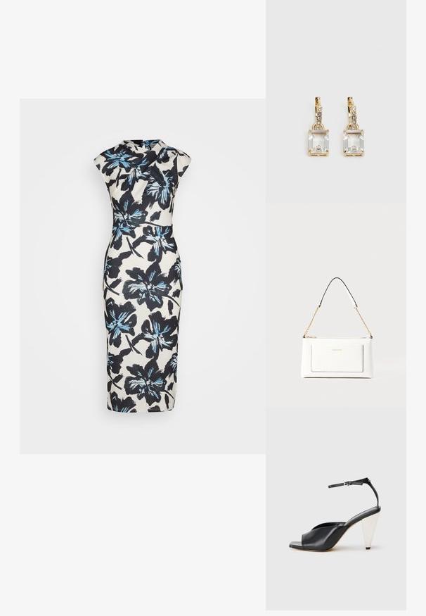 Vestido midi floral em creme com padrão floral preto e azul. Apresenta uma silhueta ajustada e mangas tipo capo. Textura suave, até ao joelho.; Sandal de salto alto em couro preto com bico aberto, design assimétrico, tira no tornozelo e um salto metálico em forma de cone. Textura suave por toda a parte.; Bolsa de mão branca em couro com acabamento texturizado, featuring a corrente dourada e detalhes pretos. Inclui um bolso frontal e fecho com zipper.; Brincos em tom de ouro com um cristal retangular claro pendurado abaixo de uma linha de pequenos acentos redondos claros. Design elegante e moderno.