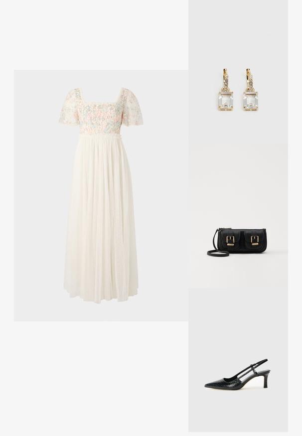 Weißes Kleid mit quadratischem Ausschnitt, kurzen Puffärmeln, floralen Stickereien in Pastellfarben und einem fließenden, gepunkteten Rock.; Schwarze Lack-Slingback-Pumps mit spitzem Zehenbereich, versehen mit strukturiertem Schlangenprint, verstellbarem Riemen und einem kurzen, strukturierten Blockabsatz.; Schwarze Leder-Umhängetasche mit zwei vorderen Taschen, goldenen Schnallen, Reißverschluss und einem schmalen Tragegurt. Texturierte Oberfläche und kompakte rechteckige Form.; Ohrringe in Goldfarbe mit einem rechteckigen, durchsichtigen Kristall, der unter einer Reihe kleiner, runder klarer Akzente hängt. Elegantes, modernes Design.