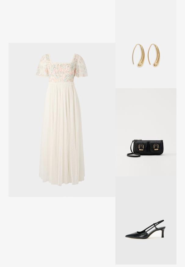 Vit klänning med fyrkantig halsringning, korta puffärmar, blommig broderi i pastellfärger och en flödande, prickig kjol.; Svart lackskin slingback-häl med spetsig tå, med texturerad ormskinnsprint, justerbar rem och en kort, texturerad blockklack.; Svart läderaxelväska med två framfickor, guldspännen, dragkedjestängning och en smal rem. Texturerad yta och kompakt rektangulär form.; Guldtonade metallörhängen i en kurvad, avlång form. Har en slät, glänsande yta och en rundad spets för en extra detalj.