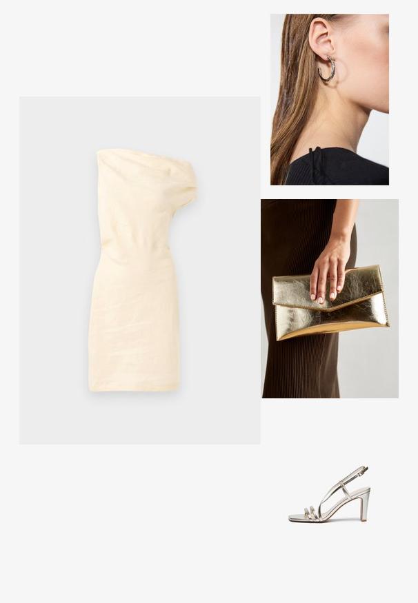 Vestido off-white, de um ombro só, com silhueta ajustada e textura amarrotada, apresentando um design minimalista e tecido suave.; Sandal de salto alto prateado metálico com biqueira aberta, apresentando três tiras finas sobre o pé e uma tira no tornozelo com fivela.; Bolsa de mão metálica dourada com uma textura suave, apresentando um fecho em aba triangular. A mão que a segura tem unhas bem cuidadas.; Brinco de argola prateada com acabamento polido, apresentando pequenos detalhes em dourado e uma forma redonda, usado na orelha.