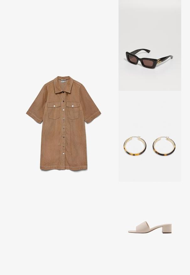 Rochie cămașă maro din catifea cu mâneci scurte, închidere frontală cu nasturi pe toată lungimea, două buzunare la piept și guler ascuțit. Material texturat.; Sandale cu toc bloc bej, cu o curea lată și vârf deschis. Material neted și design elegant. Toc scurt și robust pentru stabilitate.; Ochelari de soare tortoiseshell negri cu lentile dreptunghiulare, nuanță de maron, ramă groasă și detaliu cu logo dublu-G aurie pe temple.; Cercei cu formă rotundă, de culoare auriu, cu un margine exterioară din rășină cu model țestoasă, având un finisaj neted și o formă elegantă.