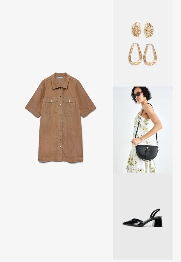 Vestido camisa de veludo cotelê castanho, com mangas curtas, abertura frontal com botões em toda a extensão, dois bolsos no peito e gola pontiaguda. Tecido texturado.; Sandy em verniz preto com salto slingback, ponta afilada e salto geométrico. Apresenta um design elegante e minimalista com textura suave.; Bolsa de couro preta com forma curva, alça destacável e detalhes em dourado. A bolsa possui uma aba com detalhe de fivela.; Brincos em tom de ouro com formas onduladas e texturizadas. Inclui studs escultóricos com presilha e um design de argola aberta com um acabamento martelado.