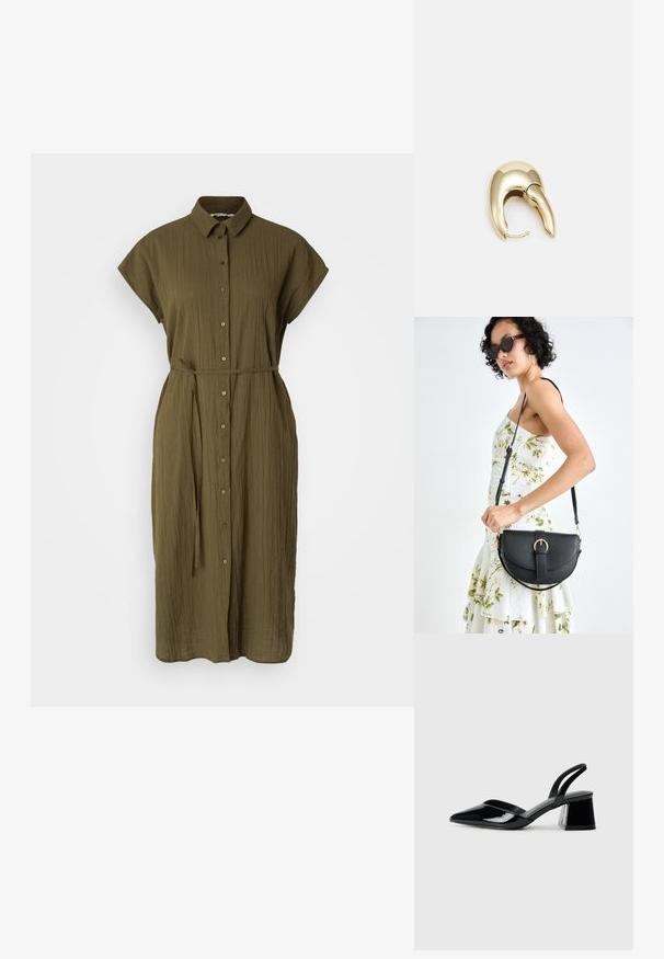 Olivengrünes Hemdkleid aus strukturiertem Stoff mit Kragen, kurzen Ärmeln und einem passenden Taillengürtel.; Schwarze Lackleder-Slingback-High Heels mit spitzem Schuh und einem geometrischen Blockabsatz. Verfügt über ein schlankes, minimalistisches Design und eine glatte Textur.; Schwarze Lederhandtasche mit geschwungener Form, abnehmbarem Tragegurt und goldenen Beschlägen. Die Tasche verfügt über einen Deckel mit einer Schnallen-Details.; Ohrringe aus goldfarbenem Metall mit einem schlanken, geschwungenen Design. Sie verfügen über eine markante, spitze Form, eine polierte Oberfläche und einen Scharnierverschluss.