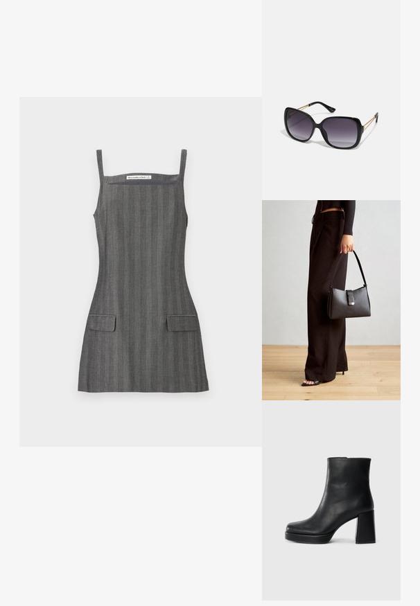Siva prugasta haljina s tankim naramenicama, koja ima dva prednja džepa i uski korzet, napravljena od glatke tkanine.; Crna kožna čizma do gležnja s blok petom i platformom, prikazana s bočne strane na jednostavnoj bijeloj pozadini.; Crne prevelike sunčane naočale s gradijentnim lećama, debelim okvirom i zlatnim lancem kao detaljem na krakovima.; Crna torba s oblikom koji sadrži strukturu, glađu teksturu i metalnu kopču. Uparena s širokim crnim hlačama i sandalama na otvorenom s drvenog poda.