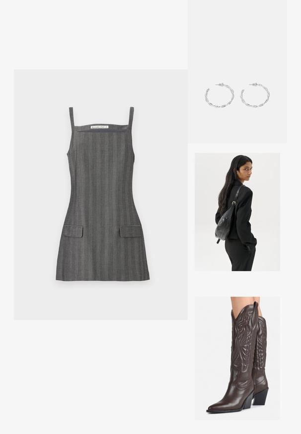 Hall灰ri有什么异色upport时间场合白带细肩带,前面有两个补丁口袋,合身的身体结构,采用顺滑的面料。; Pruunid nahast cowboy saapad terava varbaga ja plokk-kandaga, millel on detailne tikand ja kergelt tõstetud aktsendid varrel.; Pikkade tumehaired naine mustas ülikonnas, kandes musta nahast õlakotti, vaatab üle õla valge tausta taustal.; Hõbedased rõngaskõrvarõngad keerutatud disainiga, millel on poleeritud viimistlus ja posti-tagune sulgemine. Diameeter umbes 3 cm.