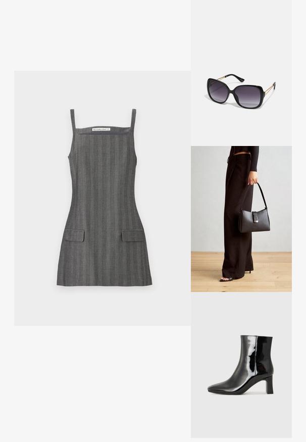 Robe grise à rayures avec de fines bretelles, dotée de deux poches plaquées à l'avant et d'un corsage ajusté, fabriquée en tissu lisse.; Bottines en cuir verni noir avec un bout pointu et un talon block de hauteur moyenne. Texture lisse et design minimaliste.; Lunettes de soleil noires surdimensionnées avec des verres dégradés, monture épaisse et détails en chaîne dorée sur les branches.; Sac à main noir à la forme structurée, texture lisse et fermoir métallique. Associé à un pantalon noir ample et des sandales ouvertes sur un sol en bois.