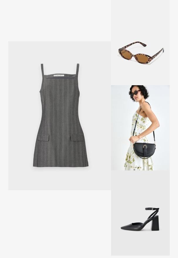 Rochie gri în dungi cu bretele subțiri, având două buzunare în față și un corset strâns, realizată dintr-un material neted.; Pantofii cu toc ascuțit din piele neagră, cu breteaua pentru glezne și toc gros. Textură netedă, design elegant și estetică minimală.; Ochelari de soare cu mâneri tortoise, cu lentile ovale, cu nuanță maro, brațe subțiri ce au un model texturat, cadru din plastic ușor.; Geantă din piele neagră, cu o formă curbată, curea detașabilă și accesorii aurii. Geanta are un capac cu un detaliu tip cataramă.