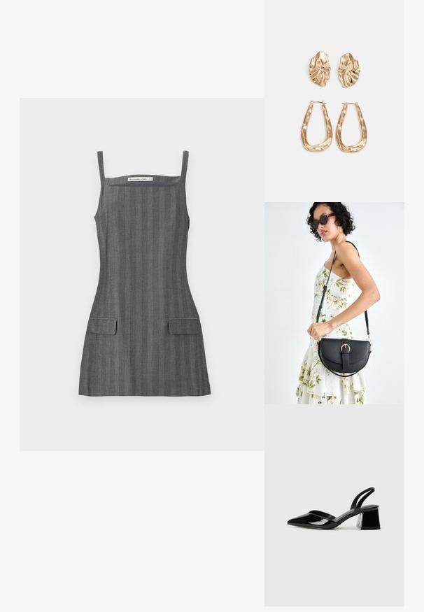 Gray striped dress with thin shoulder straps, featuring two front patch pockets and a fitted bodice, made of smooth fabric.; Black patent leather slingback heels with a pointed toe and a geometric block heel. Features a sleek, minimal design and smooth texture.; Black leather handbag with a curved shape, detachable strap, and gold hardware. The bag features a flap with a buckle detail.; Gold-tone earrings featuring textured, wavy shapes. Includes sculptural clip-on studs and open hoop design with a hammered finish.