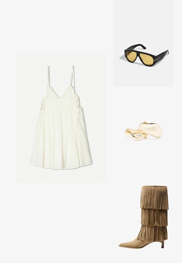 Valkoinen, hihaton mekko, jossa on säädettävät spagettiolkaimet, teksturoitu kangas ja kerrokselliset rypytykset helmassa. Yksityiskohtaiset virkattu koristeet kaula-aukon kohdalla.; Fringe nilkkurit vaaleassa mokassa, joissa on kolme kerroksellista fringia. Teräväkärkiset ja matalalla blokkikorkealla varustetut. Tasainen pinta kauttaaltaan.; Mustat aurinkolasit, joissa on geometrinen kehys, keltaiset linssit ja kultaiset yksityiskohdat ohjaimissa. Liukas rakenne, leveä muoto, nykyaikainen muotoilu.; Kultaisten korvakorujen orgaaninen, pavun muotoinen muotoilu ja sileä, heijastava pinta; sisältää minimalistisen suunnittelun ilman näkyvää mekanismia.