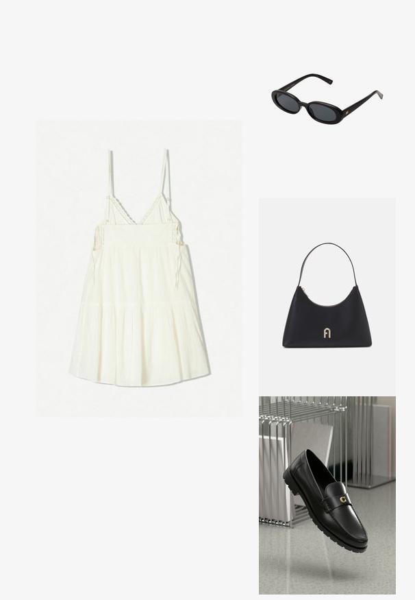 Rochie albă, fără mâneci, cu baretă ajustabilă, dintr-un material texturat și volane în straturi la tiv. Accente de croșetă detaliate la decolteu.; Loafers din piele neagră cu o cusătură ridicată, logo de accent auriu și curea texturată. Au o talpă din cauciuc groasă și durabilă.; Ochelari de soare supradimensionați, cu lentile ovale, cadru din plastic neted și accente aurii pe brațe. Lentilele întunecate oferă protecție solară.; Geantă din piele neagră cu o formă curbată, mânere scurte, accesorii aurii și un fermoar superior. Include un accent cu logo în față.