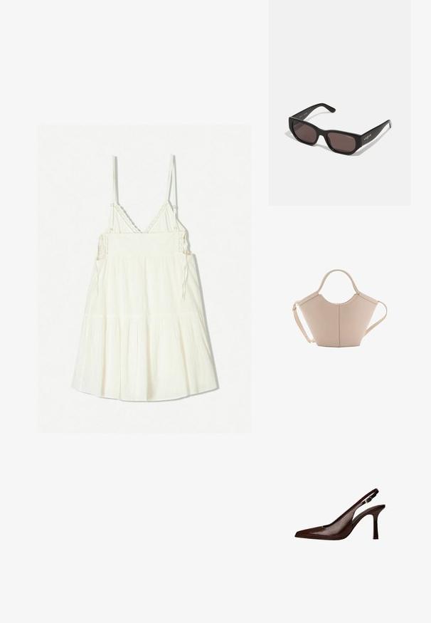 Bela brezramna obleka z nastavljivimi tankimi naramnicami, teksturirana tkanina in večplastni volani na robu. Podrobni kvačkasti dodatki na izrezu.; Rjava usnjena slingback čevlja s koničastim nosom in tankim petam. Ima majhno dekorativno sponko na traku in sijajno površino.; Črne pravokotne sončne očala s temnimi lečami. Imajo gladek plastičen okvir in detajl logotipa na tempeljih. Čist, sodoben dizajn.; Bežna usnjena torbica edinstvene oblike, z dvema kratkima ročajema in dolgim nastavljivim trakom. Gladka tekstura z minimalno kovinsko opremo.