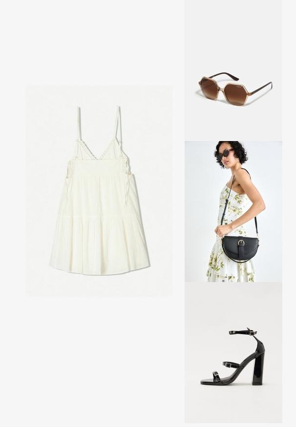 Bílé bezramínkové šaty s nastavitelnými ramínky, texturovaná látka a volány ve vrstveném stylu na lemu. Podrobnosti z háčkované krajky na výstřihu.; Černé lakované sandály na podpatku se čtveratou špičkou, lýtkovými pásky a stříbrnými přezkami. Disponují masivním blokovým podpatkem pro stabilitu.; Šestiboké sluneční brýle s hnědými gradientovými čočkami, transparentním béžovým rámem a tmavě hnědými stranami. Na boku se nachází značka "vogue".; Černá kožená kabelka s křivkovým tvarem, odnímatelným popruhem a zlatými detaily. Kabelka má klopu s přezkou.