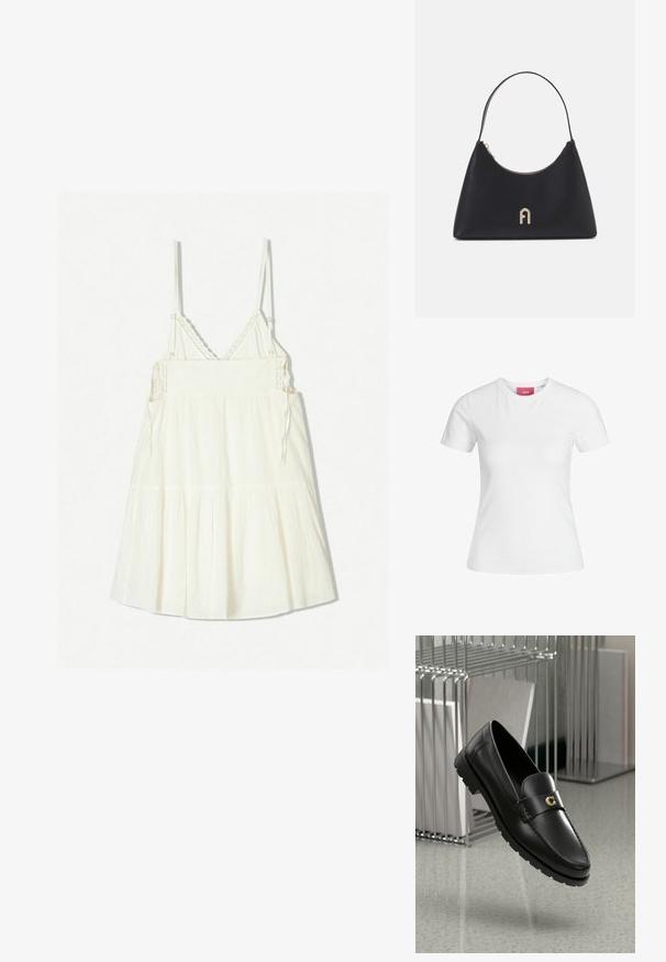 Biele bezrukávové šaty s nastaviteľnými ramienkami, textúrovaná látka a vrstvené volány na spodnom okraji. Detailné vyšívané prvky na výstrihu.; Biela bavlnená tričko s krátkymi rukávmi a okrúhlym výstrihom. Na vnútornej strane goliera sa nachádza ružová nálepka. Hladká textúra.; Čierne kožené loafers s vyvýšeným švom, zlatým akcentom loga a textúrovaným pásikom. Obsahuje hrubú, odolnú gumovú podrážku.; Čierna kožená kabelka s zakriveným tvarom, krátkym držadlom, zlatými kovovými prvkami a horným zipsom. Obsahuje logo na prednej strane.