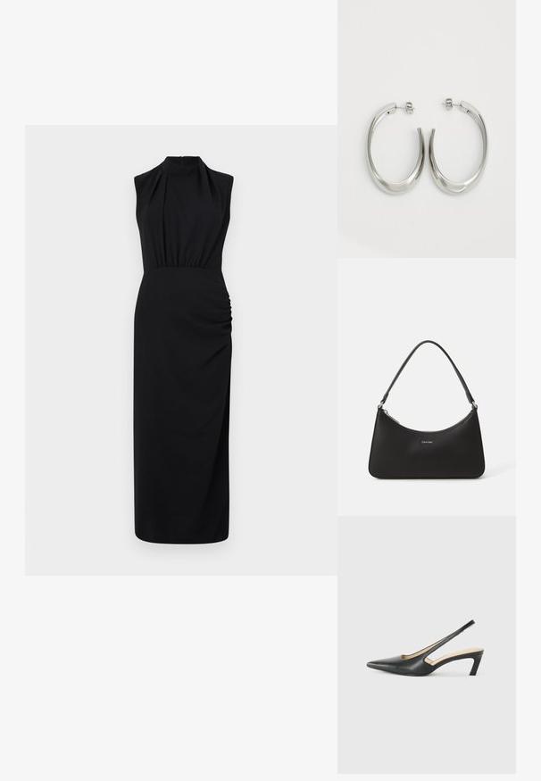 Svart ermeløs kjole med høy krage, rynket midje og siden rynkene; laget av et glatt stoff med gulvlengde design.; Svart spiss tå slingback-sko med lav hæl, laget av jevnt skinnmateriale og med utskåret design på siden for pusteevne.; Svart skinnhåndveske med buet form, smal håndtak, sølvfarge glidelås og Calvin Klein-logoen på forsiden. Glatt tekstur og minimalistisk design.; Sølvøreringer med en jevn, buet design. Har en blank metallisk finish og en studlås. Ingen synlige mønstre eller aksenter.