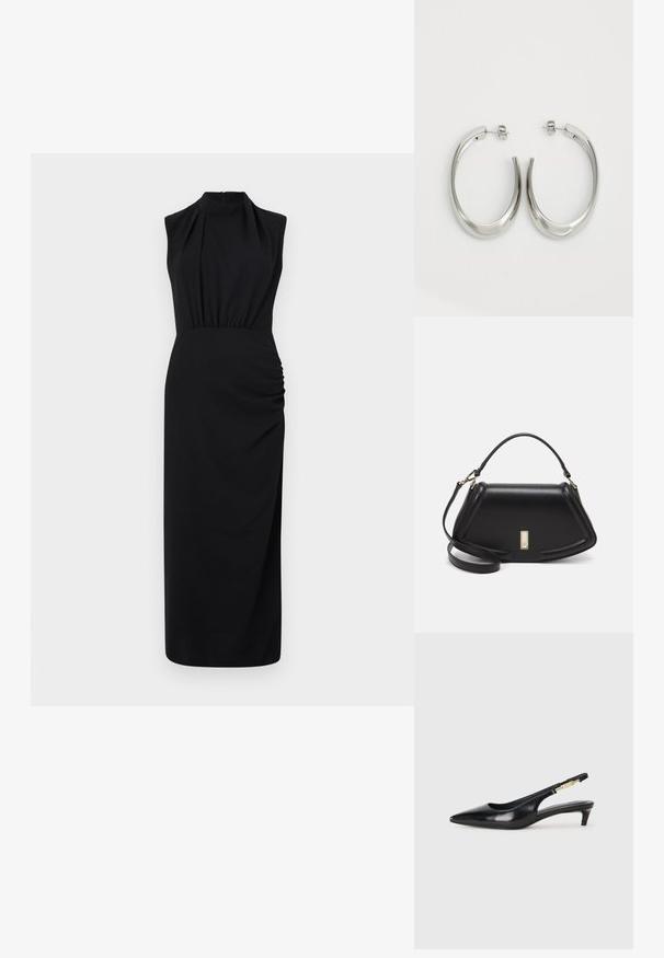 Melna bezpiedurkņu kleita ar augstu apkakli, savilktu jostasvietu un sānu ručām; izgatavota no gludas auduma ar grīdas garuma dizainu.; Melnas ādas slingback zābaki ar smailu purngalu, ar šauru papēdi un zelta krāsas akcentu uz regulējama siksniņas. Gluda tekstūra.; Melnas ādas roku soma ar struktūru, ar īsu formu, augšējo rokturi un zelta aksesuāriem. Iekļauta regulējama plecu siksna.; Sudraba riņķveida auskari ar gludu, izliekta dizaina formu. Iezīmējas ar spīdīgu metāla apdari un pievienojamu aizdari. Nav redzamu rakstu vai akcentu.