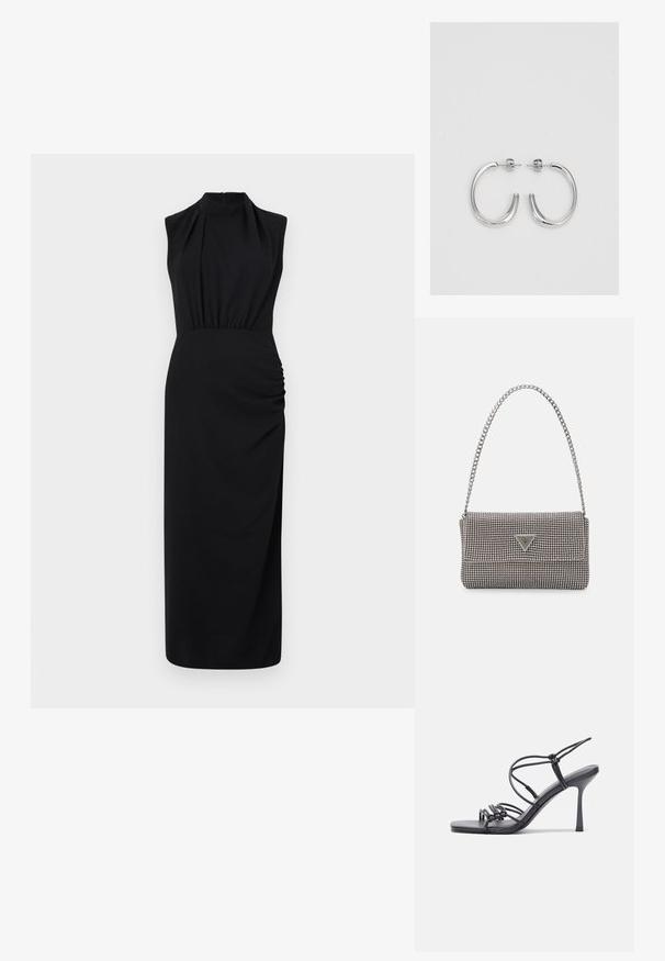 Fekete ujjatlan ruha magas gallérral, ráncolt derékkal és oldalsó redőzéssel; sima anyagból készült, padlót érő kialakítással.; Fekete magas sarkú szandálok vékony pántokkal, csomózott mintával, sima négyzetes orral és karcsú stiletto sarkal rendelkeznek.; Világosszürke fémes kézitáska lánc pánttal, kis kör alakú fém kifinomult díszítéssel és háromszög alakú márkagéppel.; Ezüst karika fülbevalók sima, fényes felülettel. Lekerekített forma, könnyű kialakítással, tűs zárómechanizmussal.