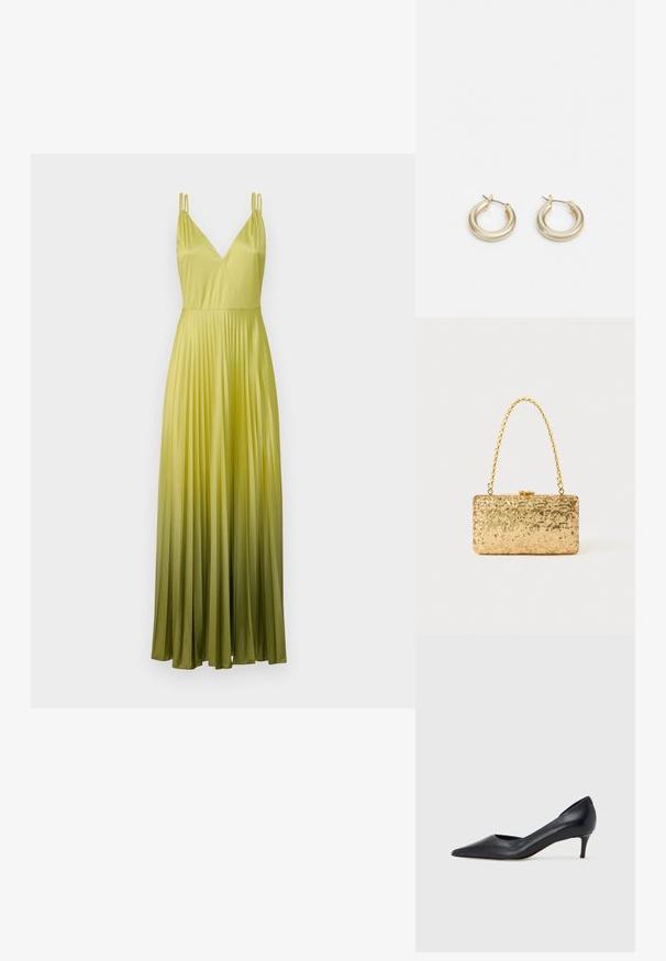 MAX&Co. VIVETTA - Occasion wear - apfelgruen; Black leather pump with a pointed toe and low heel. Features a smooth texture and subtle sheen. Open cut at the front for added detail.; Gold sequin clutch with a rectangular shape, featuring a twisted chain handle and a metal clasp closure, reflecting light with a textured finish.; Lauren Ralph Lauren BASIC SMALL HOOP - Earrings - gold-coloured