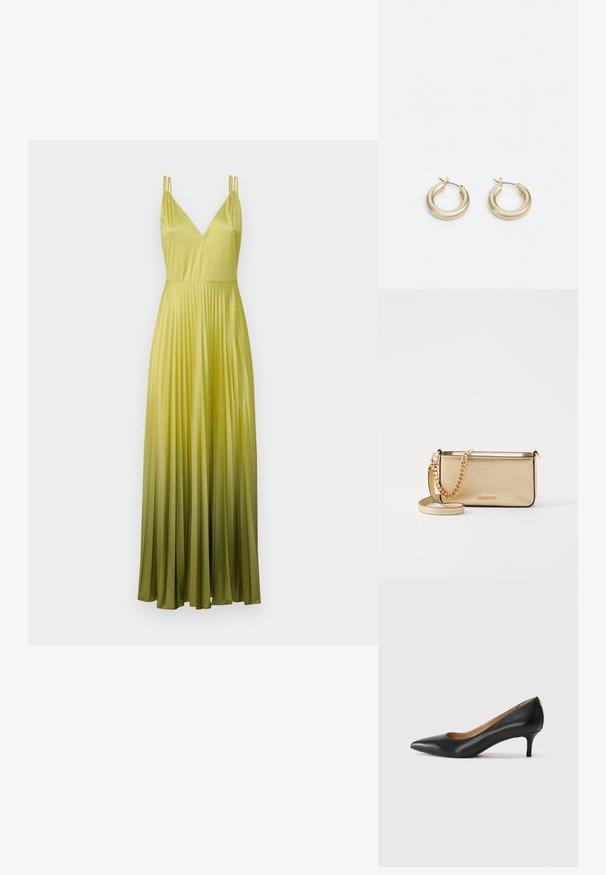 MAX&Co. VIVETTA - Ballkleid - apfelgruen; Schwarzer Lederpumps mit spitzem Zehenbereich, niedrigem Absatz und glatter Textur. Verfügt über eine leichte Öffnung an der Vorderseite und minimale Beschläge an der Rückseite.; Metallisch goldene Leder-Clutch mit strukturierter Oberfläche, ausgestattet mit einem goldenen Kettenriemen und einem abnehmbaren Schulterriemen. Markenlogo geprägt.; Lauren Ralph Lauren BASIC SMALL HOOP - Ohrringe - gold-coloured