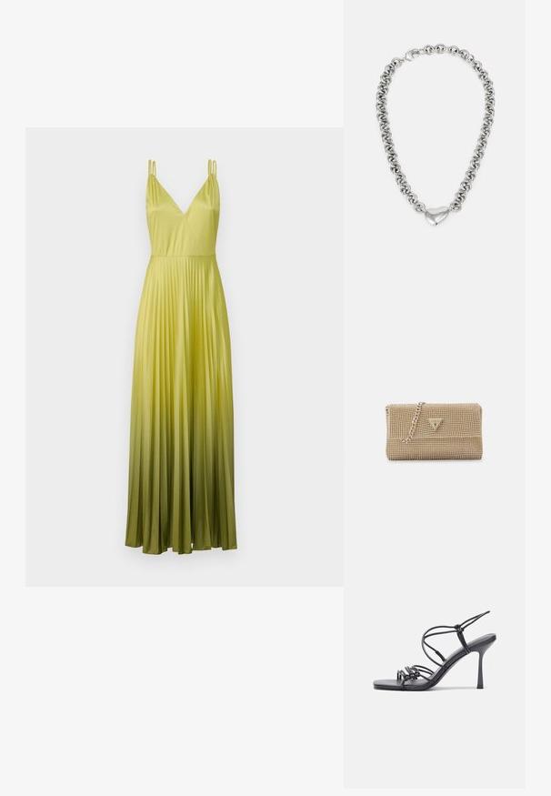 MAX&Co. VIVETTA - Oblačila za posebne priložnosti - apfelgruen; Črne visoke sandale na peto imajo tanke naramnice z vozlom, gladek kvadratni toe in eleganten stiletto peto.; Zlata torbica z zapleteno teksturo iz perlic, trikotno logotipno akcento in kovinsko verižico. Pravokotna oblika, elegantna zasnova.; Srebrna verižica z medsebojnimi okroglimi očesi in poliranim srcastim poudarkom na sredini. Vključena je varna zaponka.