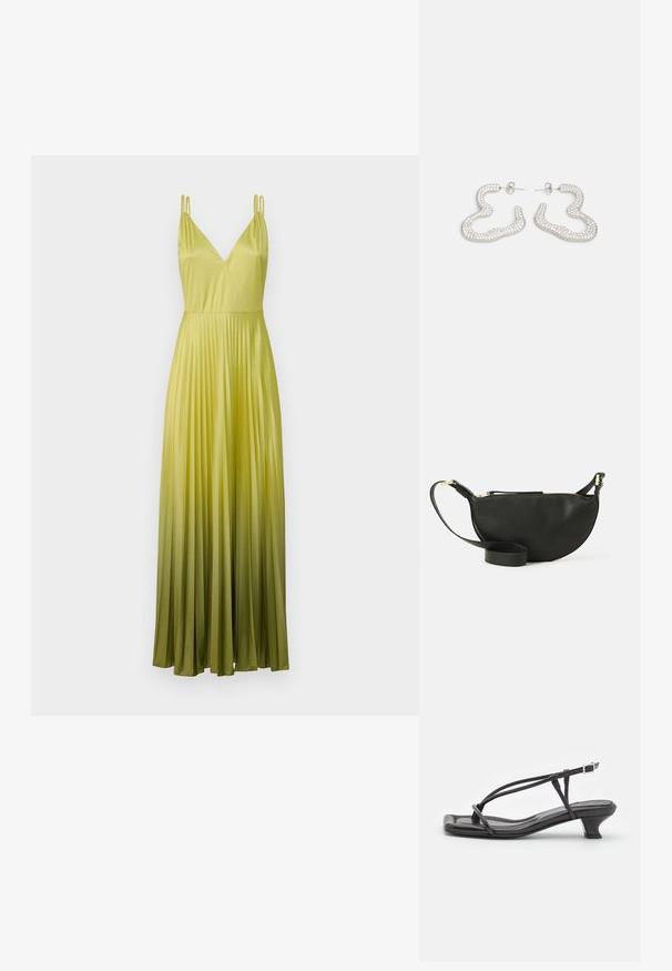 MAX&Co. VIVETTA - Robe de cocktail - apfelgruen; Sandal en cuir noir avec des fines lanières, un petit talon carré et un bout carré. Dispose d'une fermeture à boucle et d'une texture lisse.; Sac bandoulière en cuir noir de forme demi-lune, surface texturée, fermeture éclair dorée et bandoulière plate. Design compact adapté pour les essentiels.; Boucles d'oreilles en métal argenté au design abstrait et ondulé, ornées de petits cristaux scintillants. Fermeture arrière à clou sécurisée.