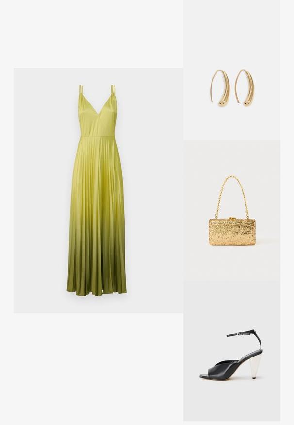 MAX&Co. VIVETTA - Ballkleid - apfelgruen; Schwarze Leder-Hochzehen-Sandale mit offener Zehe, asymmetrischem Design, Knöchelriemen und metallic kegelförmigem Absatz. Glatte Textur über das gesamte Produkt.; Goldene Pailletten-Clutch mit rechteckiger Form, ausgestattet mit einem gedrehten Kettenhenkel und einem Metallverschluss, der das Licht mit einer strukturierten Oberfläche reflektiert.; Goldfarbene Metall-Hoops mit einer geschwungenen, länglichen Form. Sie verfügen über eine glatte, glänzende Oberfläche und eine abgerundete Spitze für zusätzliche Details.