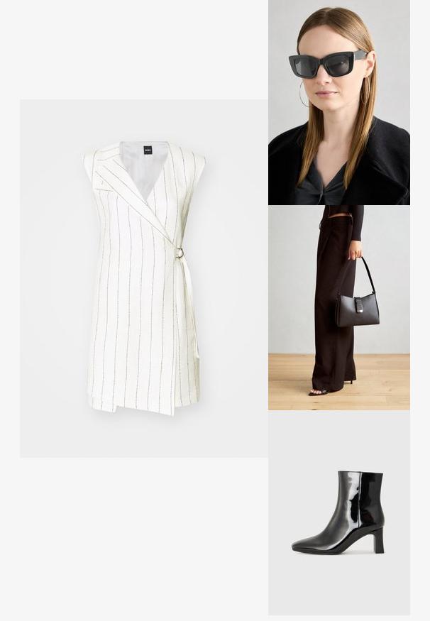 Bela brezrokavna obleka z ovitkom z vertikalnimi zlatimi črtami, ki se ponaša s krojem, stranskim vezanjem in poudarjenim pasom z okroglem kovinskim zaponko.; Črne lakirane gležnjarje z ošiljenim nosom in srednje visokim blokastim peto. Gladka tekstura in minimalističen dizajn.; Črne mačje očala s temnimi lečami, debelimi okvirji in subtilnimi detajli. Oblečena z črnim plaščem in sivim zgornjim delom, z dolgimi ravnimi lasmi.; Črna torbica z strukturirano obliko, gladko teksturo in kovinskim zaponko. Ujemajo se z širokimi črnimi hlačami in odprtimi sandali na lesenem tleh.