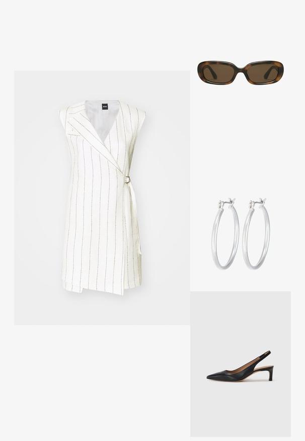 Valge ilma varrukateta kootud kleit vertikaalsete kuldsete triipudega, millel on kohandatud disain, külgseotav rihm ja rõhutatud vöökoht ümmarguse metallist prõksuga.; Must musta slingback tüüpi kingad terava nina, madala kontsaga ja sileda pinnaga. Sisaldab õhukest reguleeritavat rihma turvaliseks istumiseks.; Kilpkonnakujulised prillid sujuva, ümarate ristkülikukujuliste raamidega ja pruunide läätsedega. Omavad õhukesi, kõveraid käsi läikiva viimistlusega.; Hõbedased rõngaskõrvarõngad, millel on sile, läikiv viimistlus. Ümmargune kuju ja turvaline klõpsulatus. Kerge disain, sobib igapäevaseks kandmiseks.