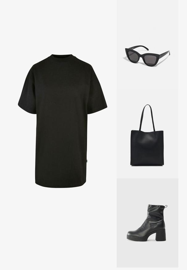 Črna bombažna majica s krožnim izrezom in kratkimi rokavi. Ohlapen kroj, enostaven dizajn brez vidnih vzorcev ali akcentov.; Črne gležnjarje iz gladke kože z božnim zadrgo, masivnim teksturiranim peto in zaobljeno obliko prstov.; Črne mačke-oko sončna očala z mat zaključkom, ki imajo sive tonirane leče, ostre kote in eleganten stranski del. Ime blagovne znamke je vidno na notranjem ročaju.; Črna usnjena torba s svilnato teksturo, pravokotne oblike in dvema dolgima ročajema. Brez vidnih metalnih delov ali okrasnih elementov.
