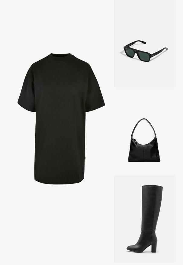 Crna pamučna majica s okruglim izrezom i kratkim rukavima. Labav kroj, jednostavni dizajn i bez vidljivih uzoraka ili akcenta.; Crne čizme do koljena izrađene od glatke kože, s debelim potplatom i zaobljenim prstima. Minimalistički dizajn bez vidljivih dijelova ili ukrasa.; Crne pravokutne sunčane naočale sa zelenim staklima. Izrađene su od plastike s oktogonalnim oblikom i glatkom završnom obradom. Na strani se nalazi brendiranje Ray-Ban.; Crna kožna torba za rame s glatkom teksturom, zakrivljenim vrhom i jednim remenom. Ima zatvaranje na patentni zatvarač i minimalistički dizajn.