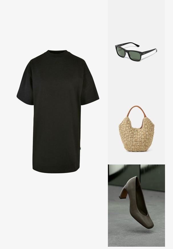 Camiseta de algodón negra con cuello redondo y mangas cortas. Corte holgado, diseño liso y sin patrones ni acentos visibles.; Zapato de tacón alto de cuero verde oliva oscuro con puntera cuadrada y tacón bloque, flotando sobre un suelo de concreto gris con un fondo verde desenfocado.; Gafas de sol rectangulares negras con lentes verde oscuro, hechas de plástico, con detalles metálicos cerca de los lentes y el logo de la marca en la patilla.; Bolsa de tote de paja trenzada con una textura natural y una forma suave y orgánica, con asas de cuero marrón para un fácil transporte.